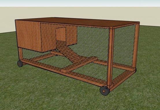 Small rectangle chicken tractor. Has wheels to roll around your yard 